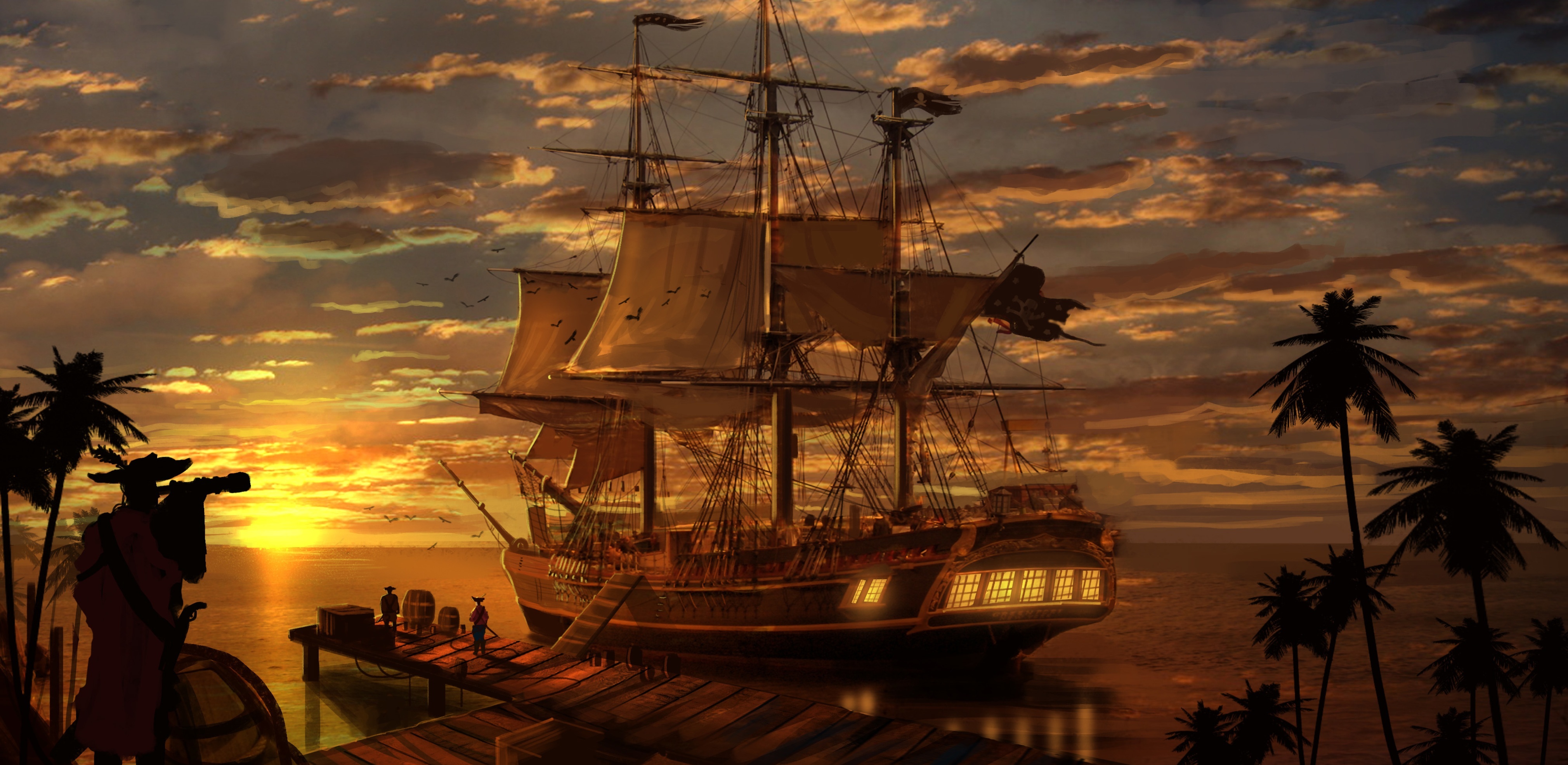Pirate Ship Sunset Fantasy HD Wallpaper