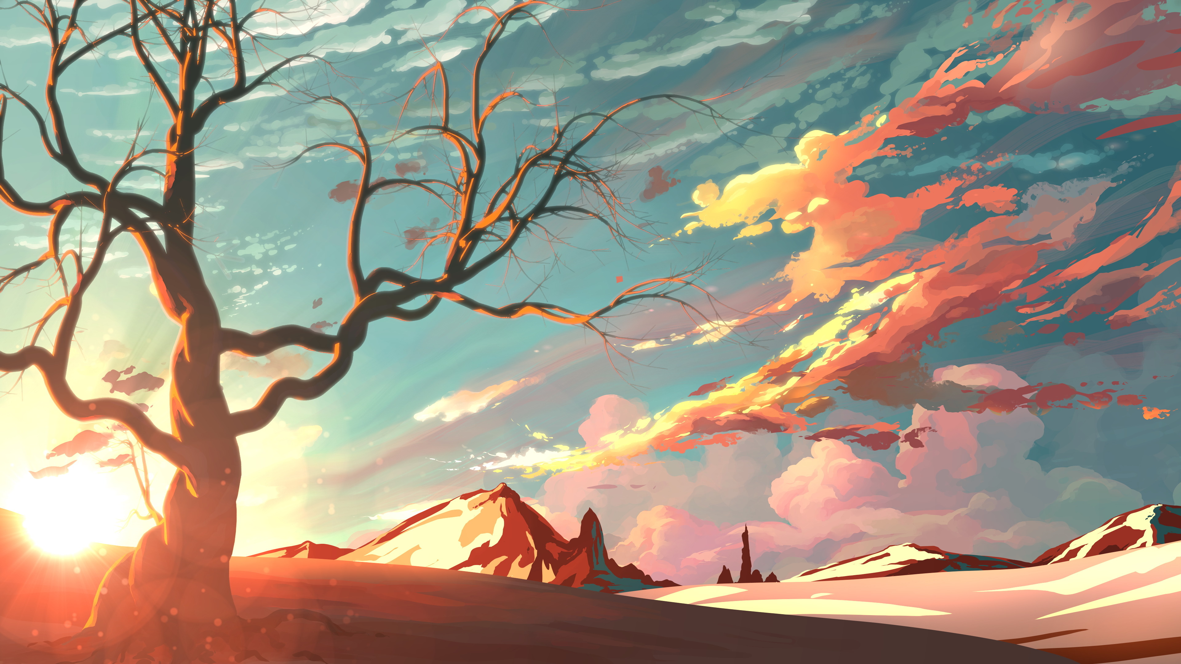 4k art wallpaper of a lone, twisted tree silhouetted against a vibrant sunset over a snow-dusted desert landscape. The sky is a swirl of orange, pink, and teal hues, and the mountains in the distance add a touch of majesty to the scene