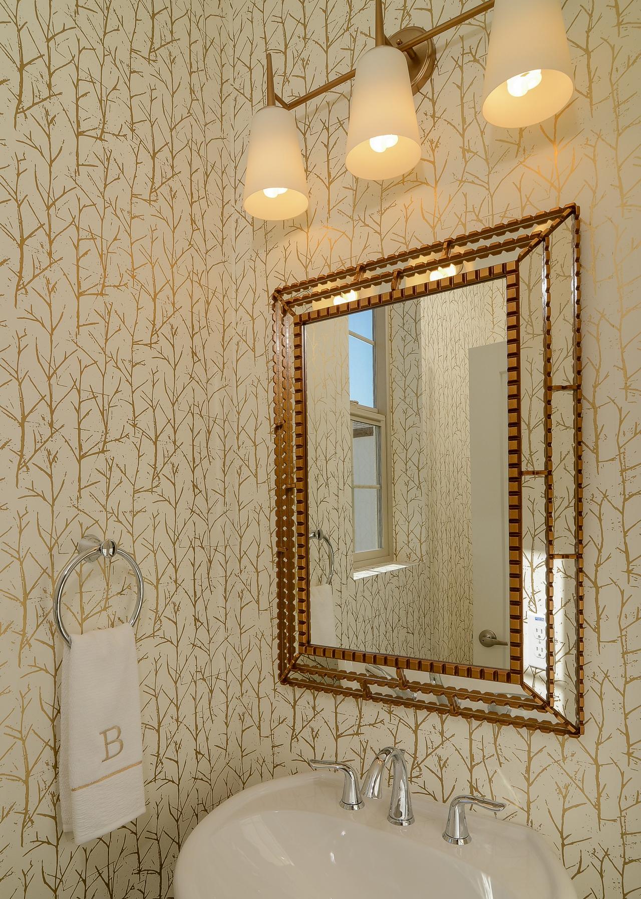Gold Accented Transitional Bathroom With Tree Branch Wallpaper