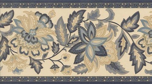 Wallpaper Border Designer Blue Gold Jacobean Floral On Ivory
