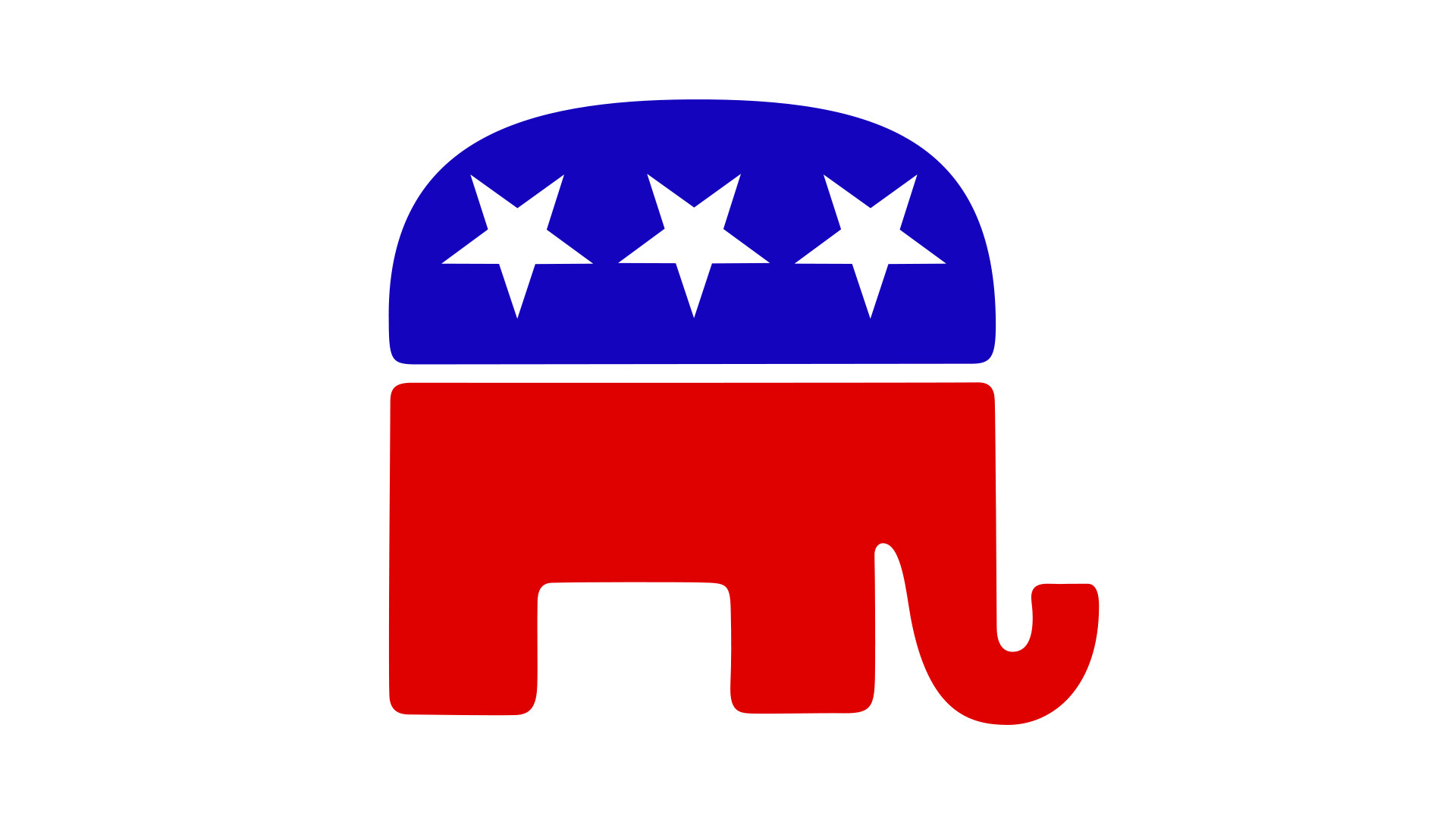 Republican Party logo, a red elephant with three white stars on a blue background
