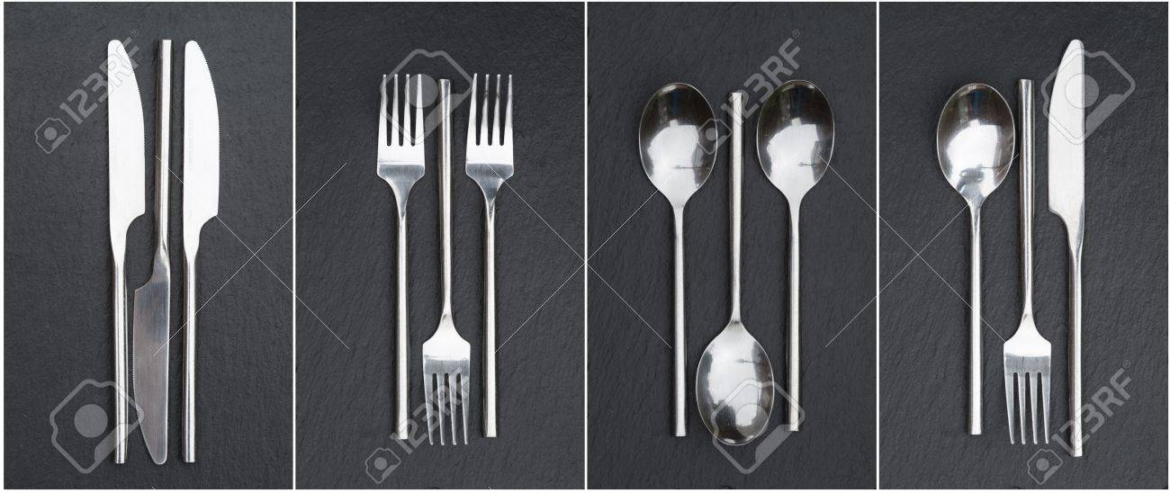 Collage Of Modern Cutlery Image On Rustic Style Background Stock