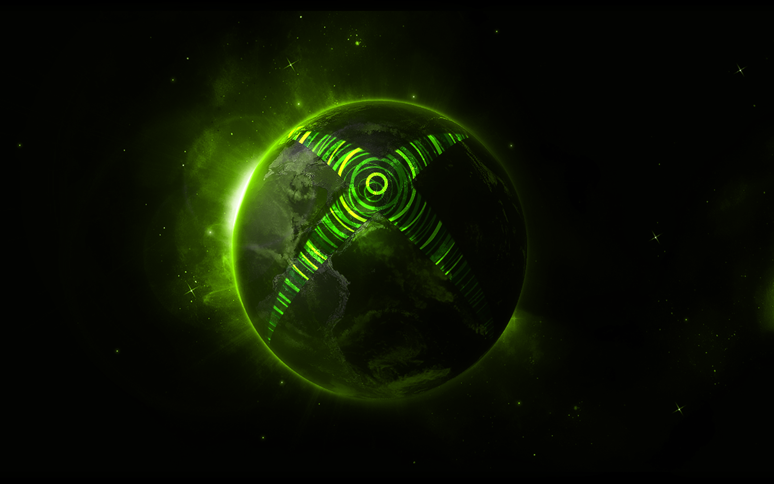 A dark green planet with a glowing Xbox logo, set against a backdrop of a starry night sky. Perfect for Xbox enthusiasts