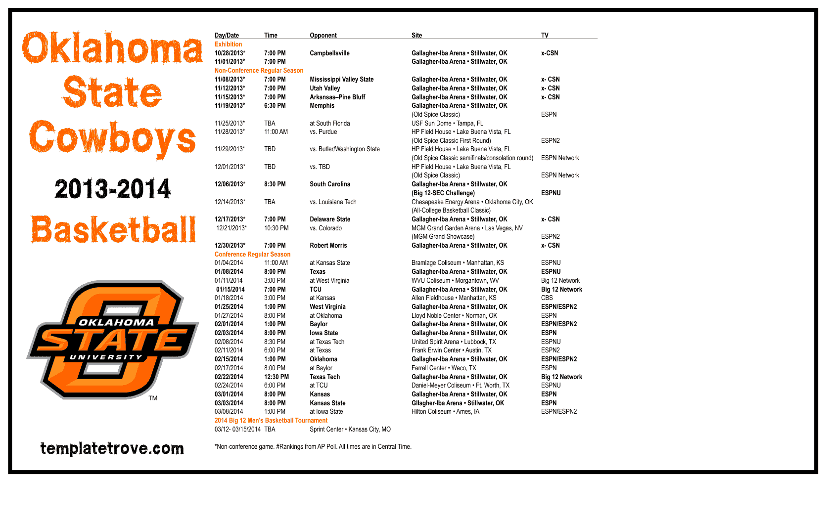 Oklahoma State University Calendar Printable Template