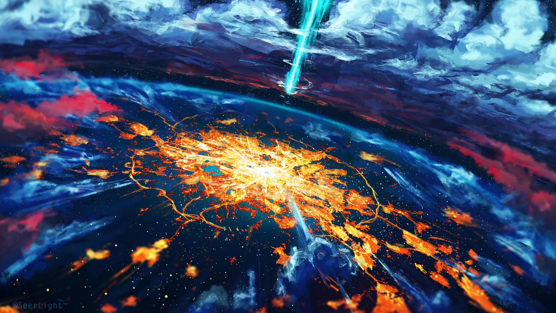 A vibrant 4k background image depicting an otherworldly scene with a turquoise beam descending from the sky onto a planet, causing an explosion of fiery orange light. The sky is filled with dramatic clouds in shades of blue, purple, and pink, creating a visually striking contrast