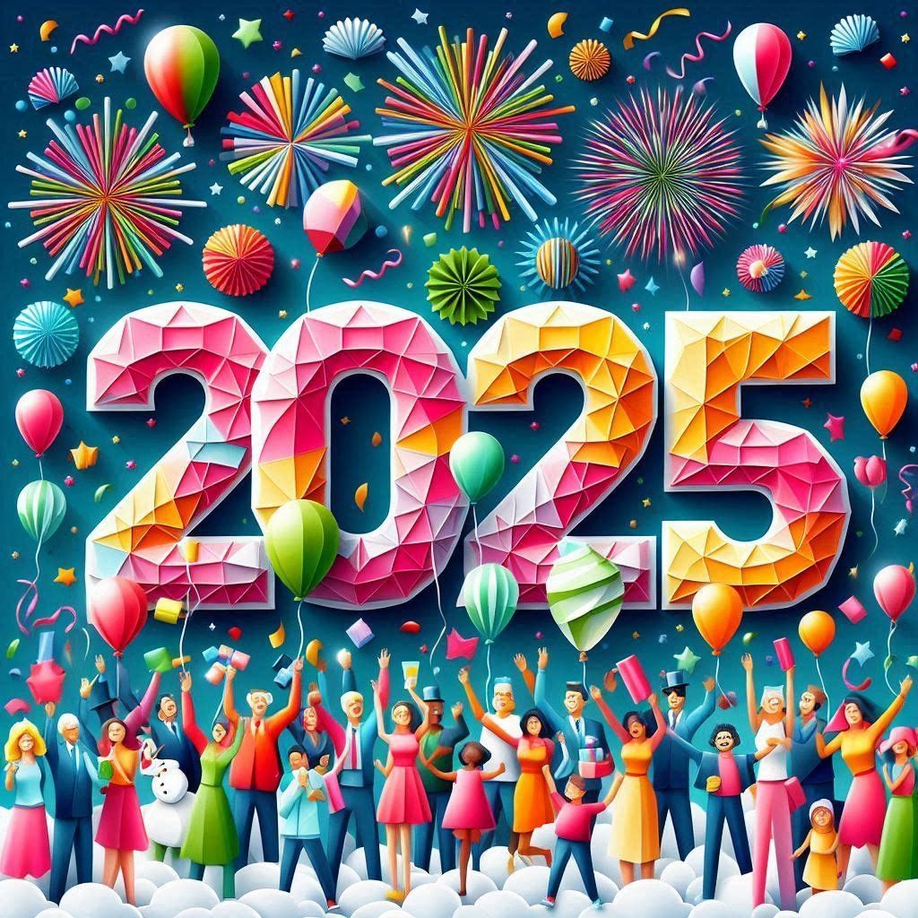 A vibrant illustration celebrating the new year 2025 with diverse people, fireworks, and balloons