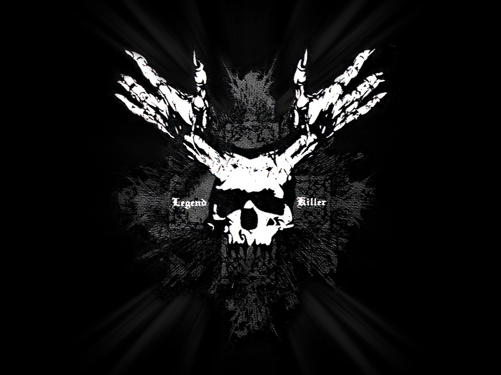 A striking black wallpaper featuring a stylized skull with sunglasses, flanked by skeletal hands reaching upwards against a backdrop of dark, textured patterns and radiating light streaks