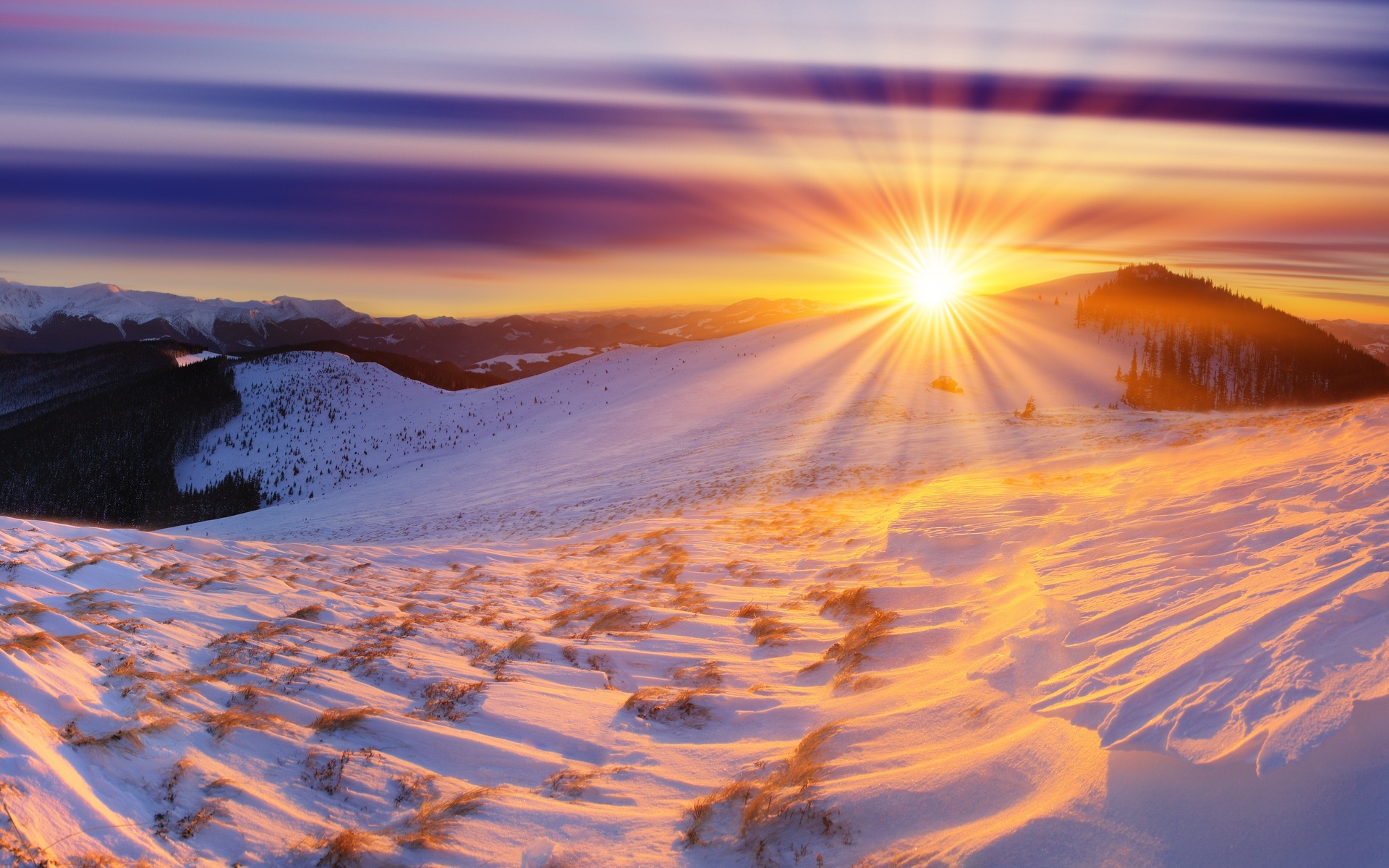 Sun Mountains Winter Sunrise Snow Wallpaper Background