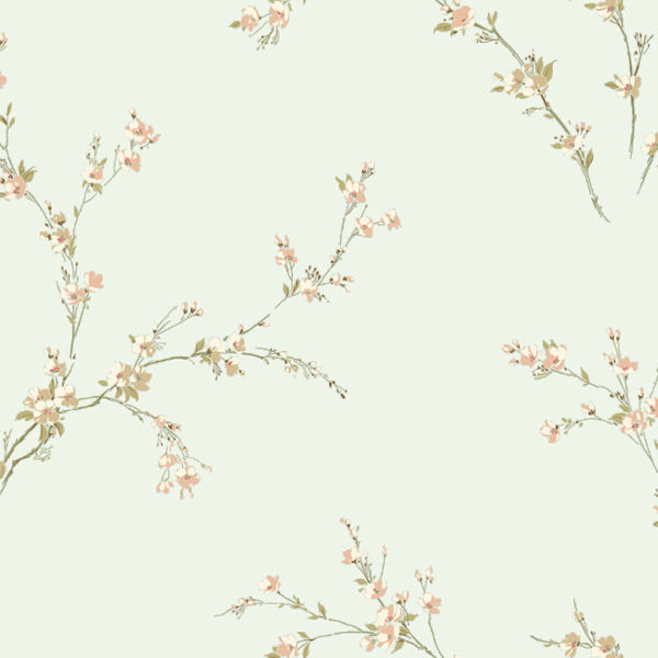 Green And Peach Oriental Spring Blossoms Wallpaper Wall Sticker