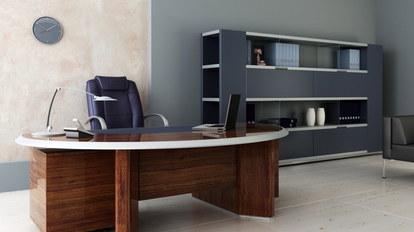 Wallpaper Room Office Desk Chair Shelves Laptop