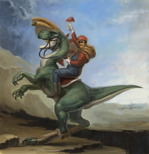 Mario Realistic Epic Painting Yoshi T Rex Holding Growth