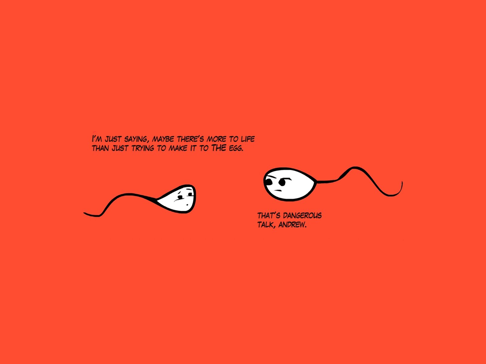 Humorous illustration of two sperm cells, one questioning the sole purpose of life being to reach the egg, while the other deems it dangerous talk