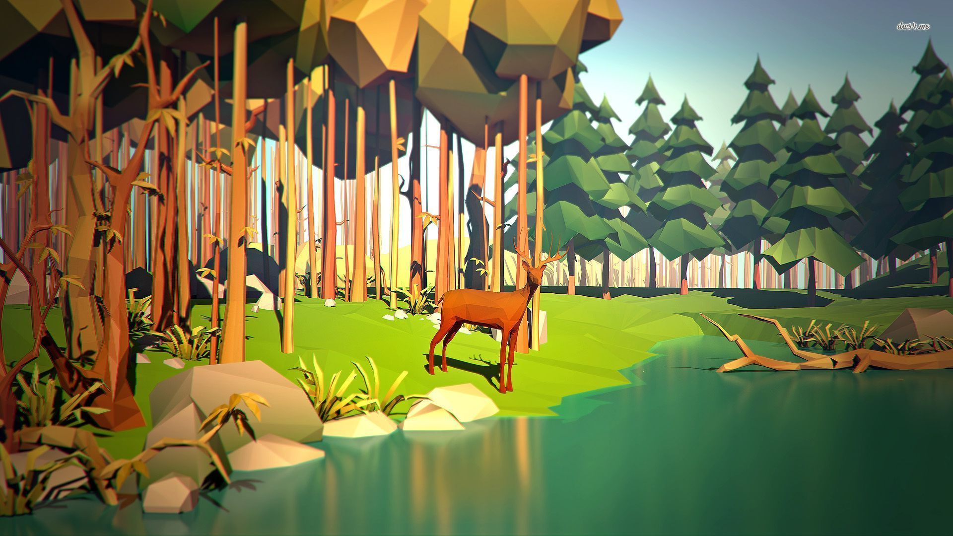 Polygon Deer At The Forest Pond Wallpaper