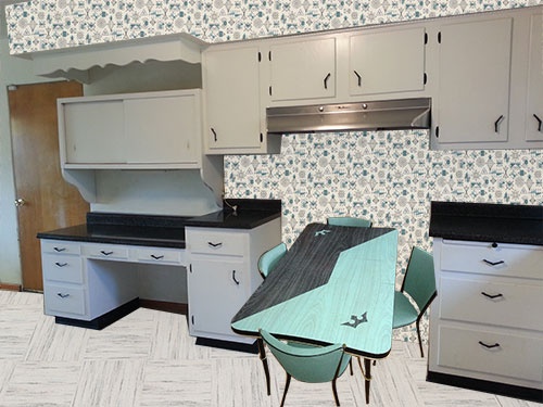 Turquoise Kitchen Mood Board With Atomic Doodle Wallpaper By Bradbury