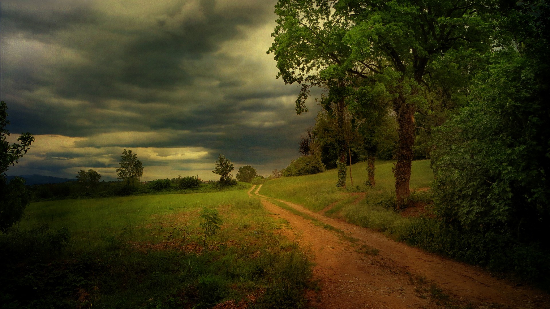 Wallpaper Tree Road Storm Clouds Country