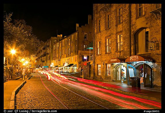 Car Lights On River Street By Night Savannah Geia Usa Color