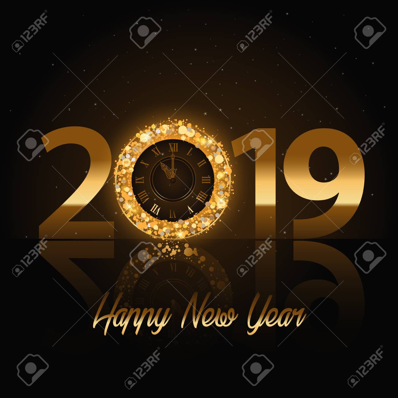 Vector Happy New Year Background With Golden Clock Royalty