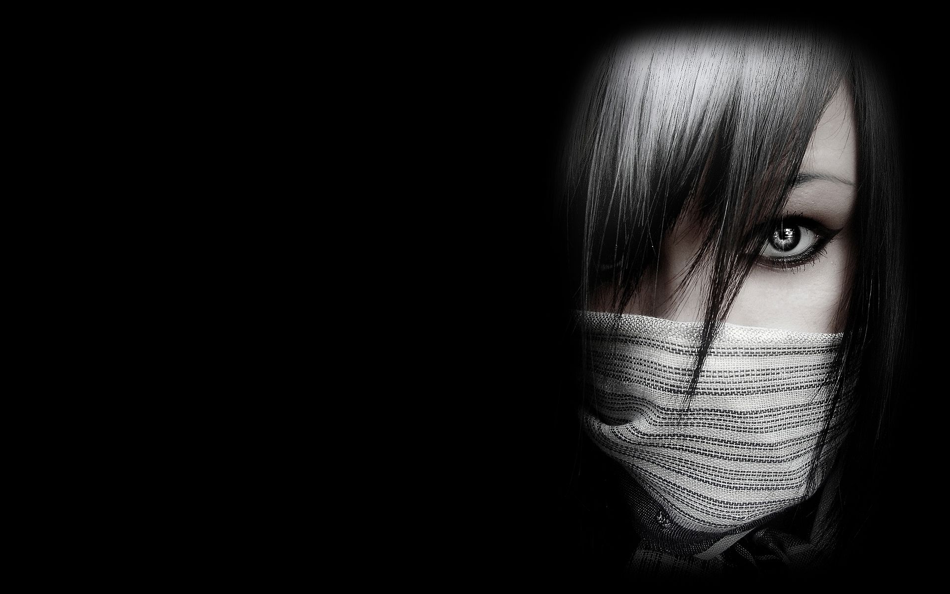 Close-up of a mysterious anime character with a cloth covering the lower part of their face, against a dark background