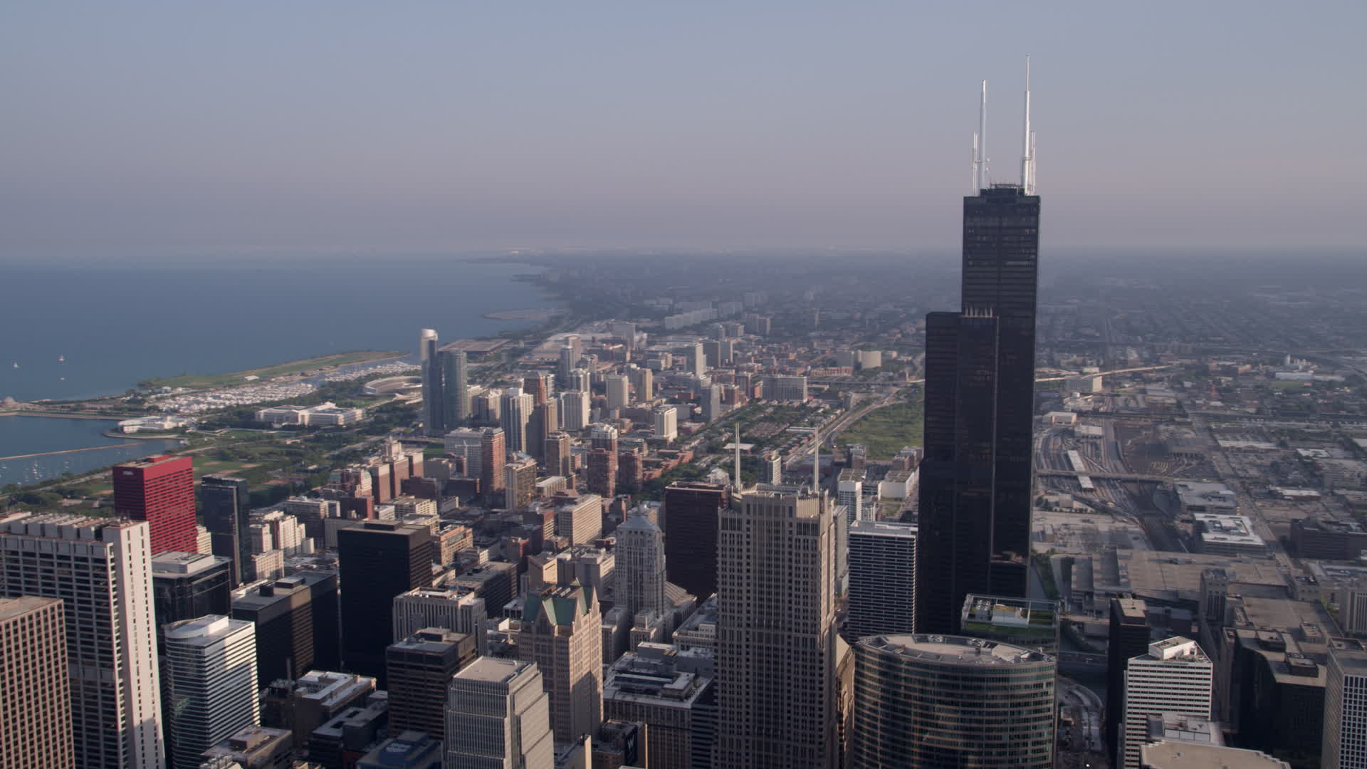 5K stock footage aerial video flyby Willis Tower with Lake 1920x1080