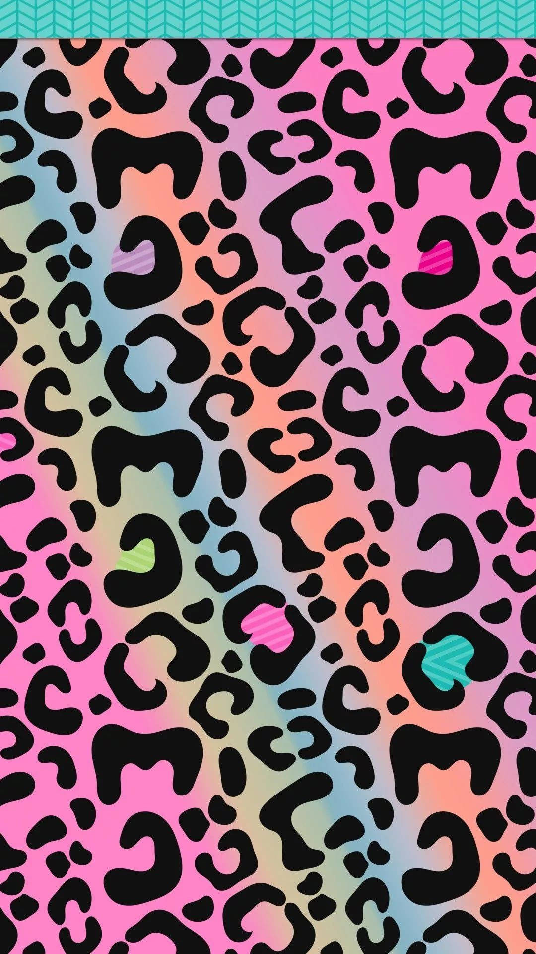 Vibrant leopard print wallpaper with a holographic, rainbow background and scattered glitter hearts