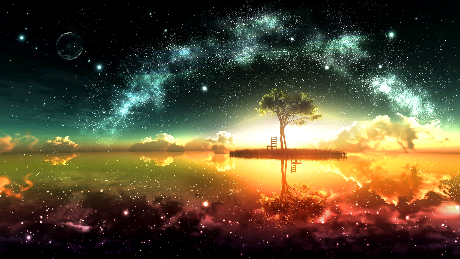 A surreal landscape with a lone tree on a small island in the middle of a reflective body of water, set against a backdrop of a vibrant, colorful galaxy and starry night sky