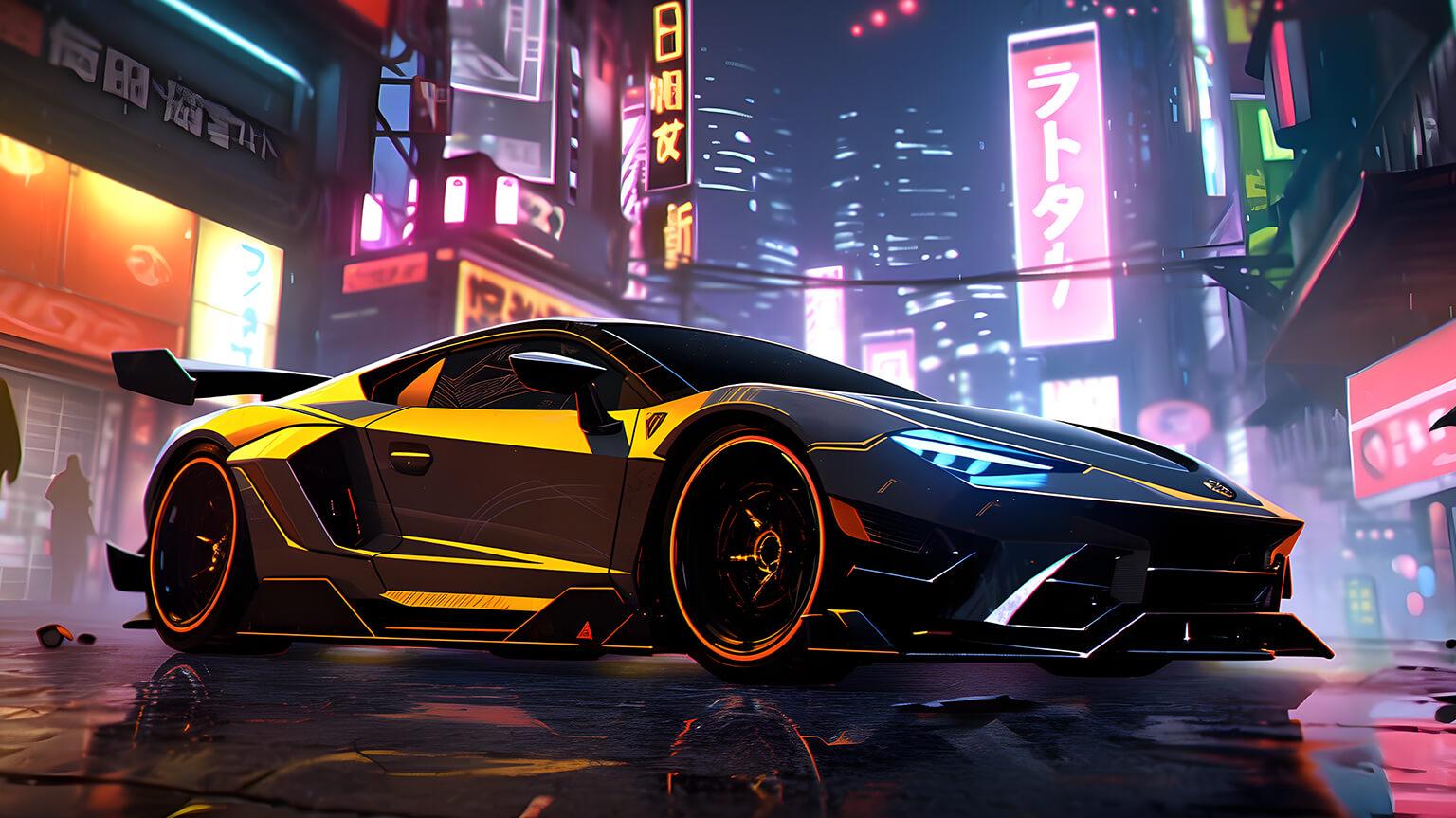 Lamborghini Aventador In Cyberpunk City Desktop Wallpaper 4k