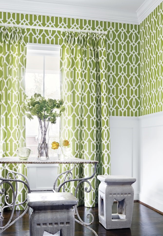 Thibaut Downing Gate Wallpaper And Fabric Drapes In Green White