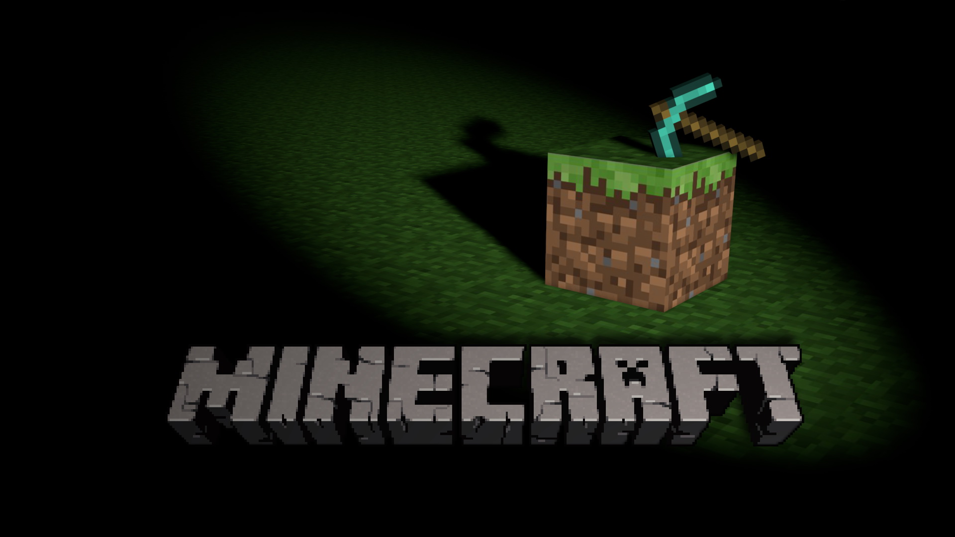 HD Minecraft Wallpaper: A block of dirt with a diamond pickaxe, casting a long shadow on the grass, with the Minecraft logo in the foreground