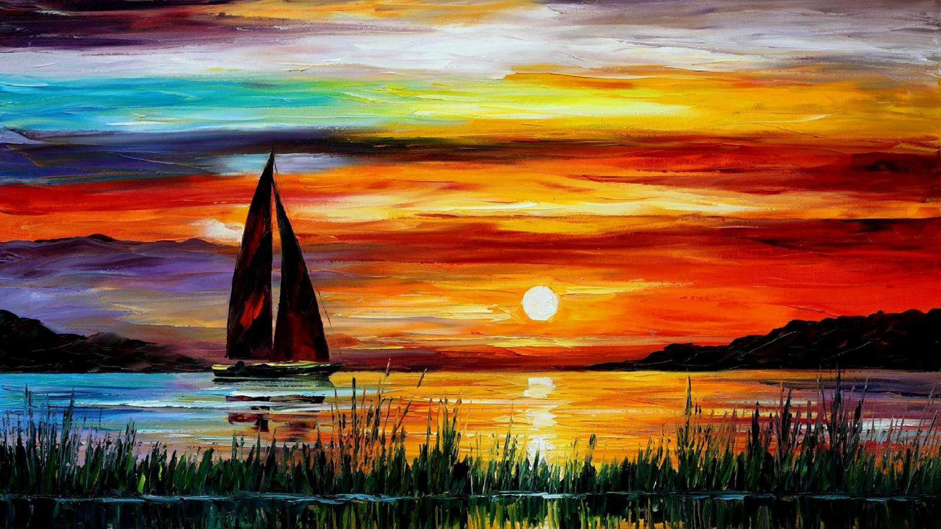 Sunset Boats Oil Paintings HD Wallpaper