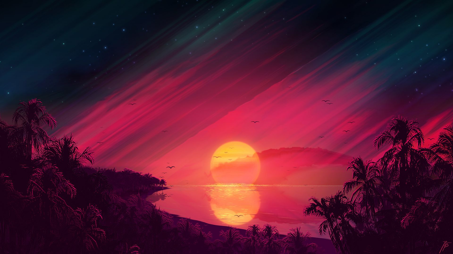 Sunset Lake Landscape Digital Art Wallpaper HD Image Picture