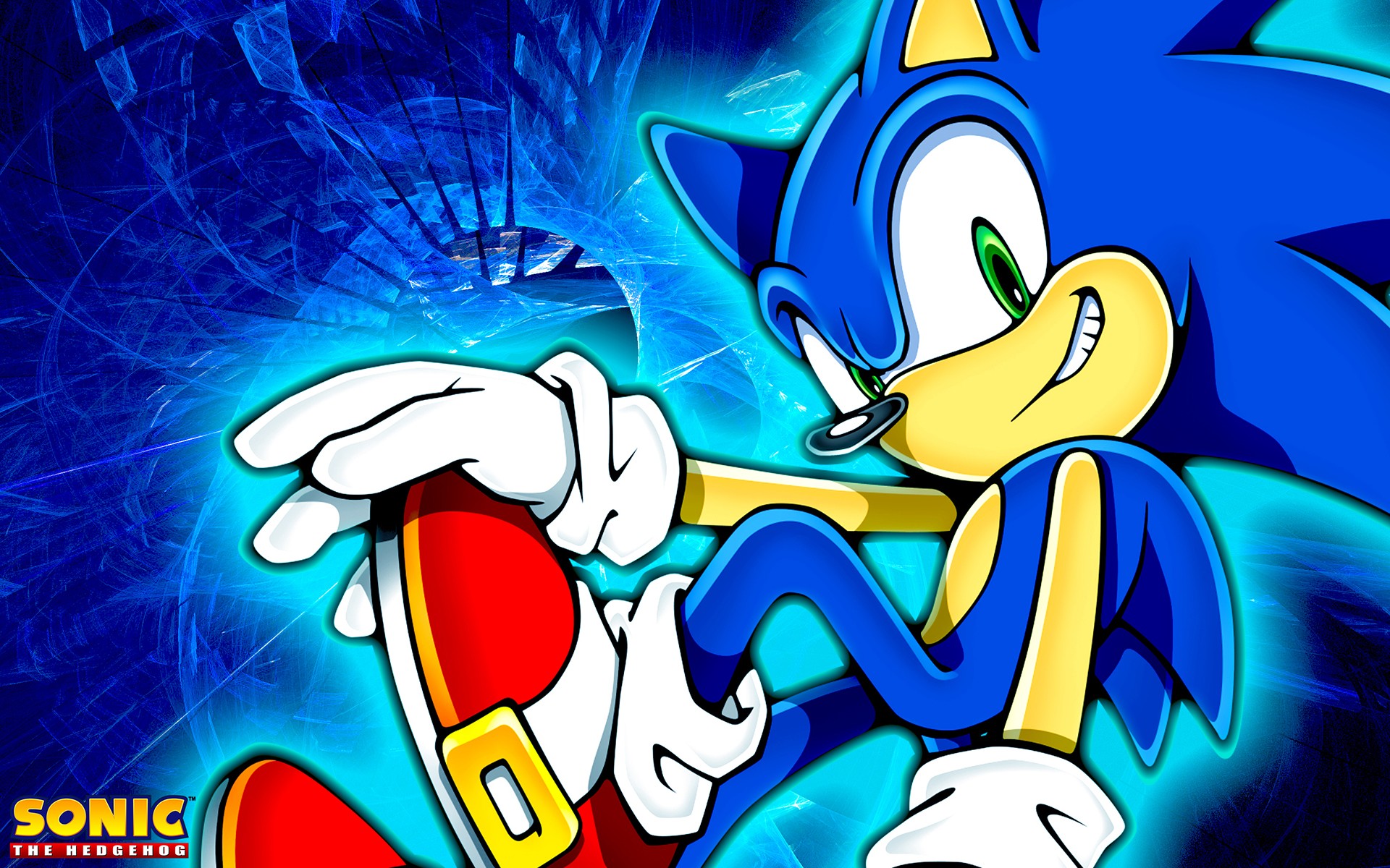 Sonic the Hedgehog in a dynamic pose against an electric blue background