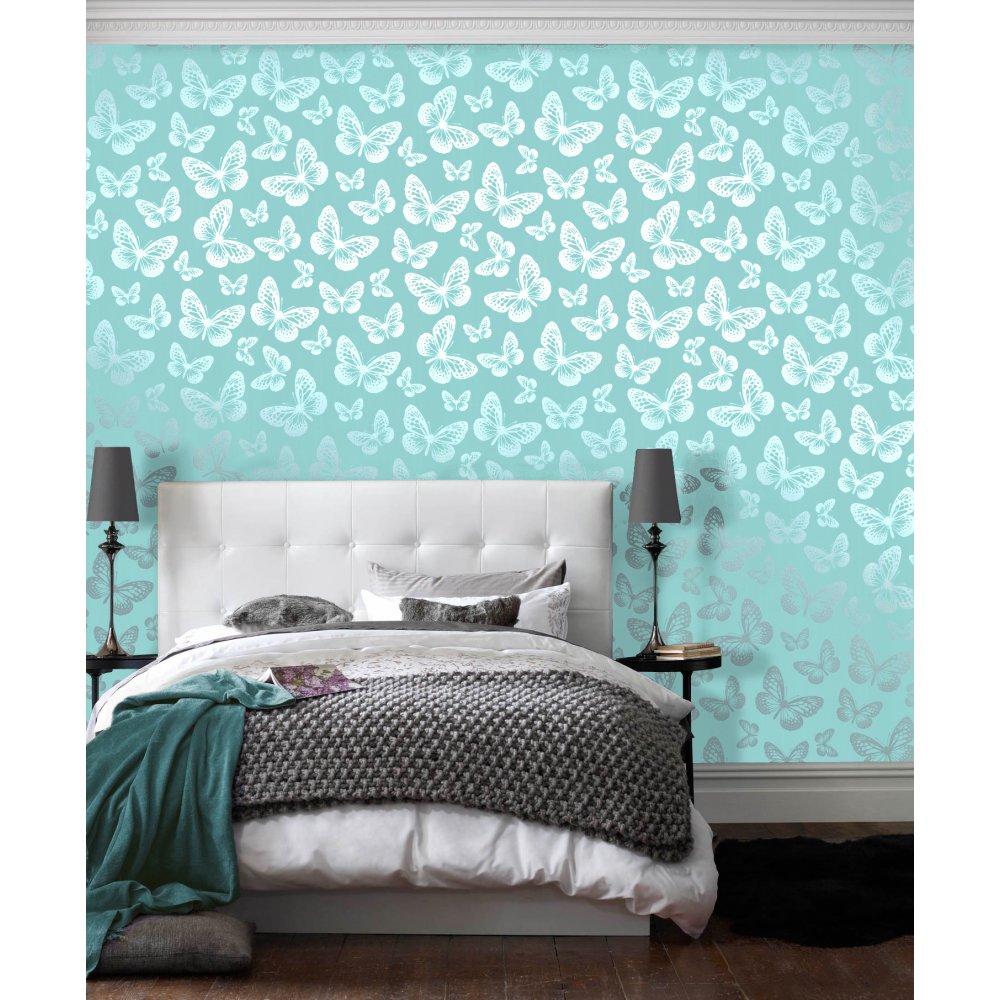 Love Wallpaper Metallic Butterfly Wallpaper Teal Silver eBay
