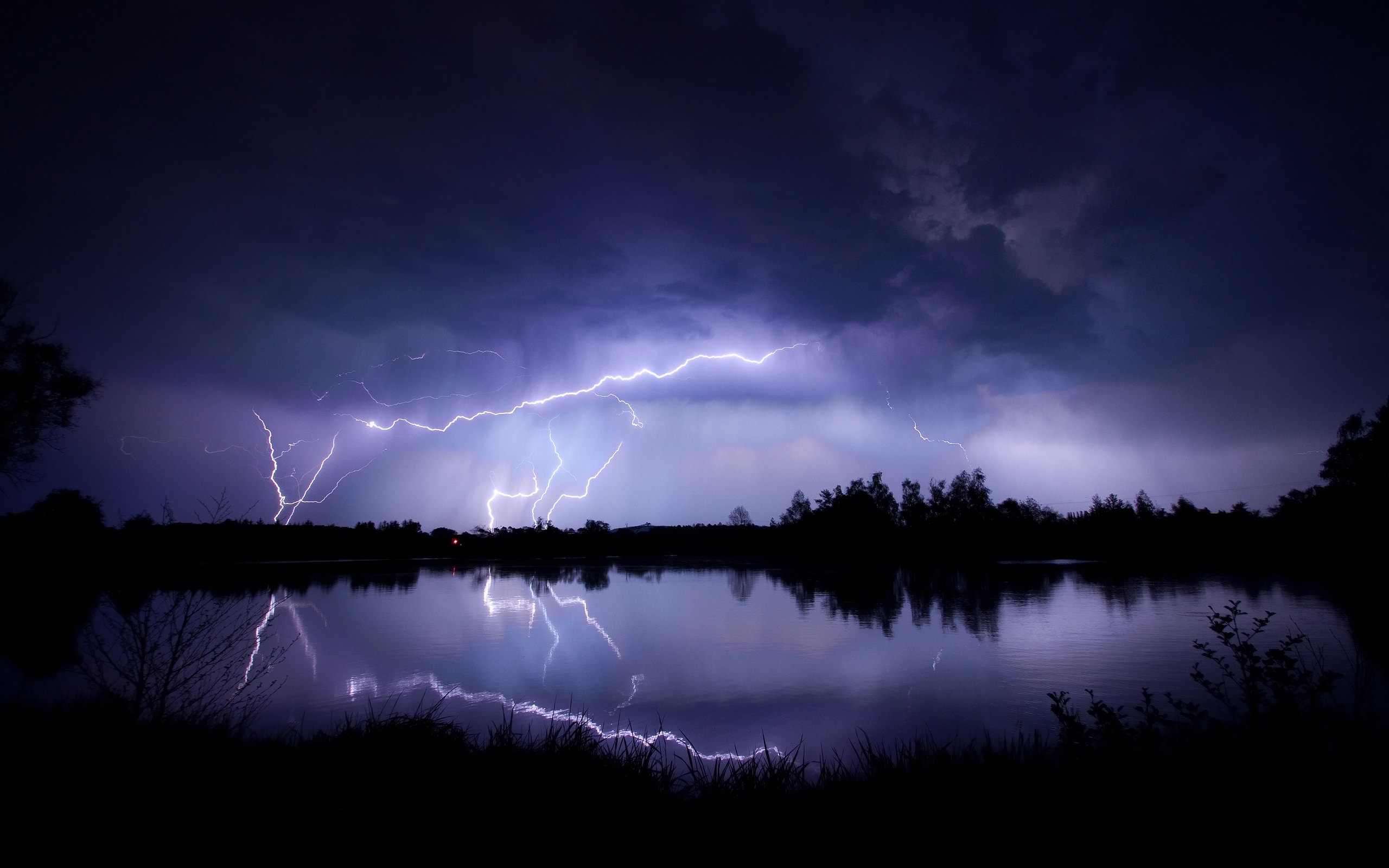 Landscapes Nature Trees Forest Lakes Reflection Lightning Rain Storm