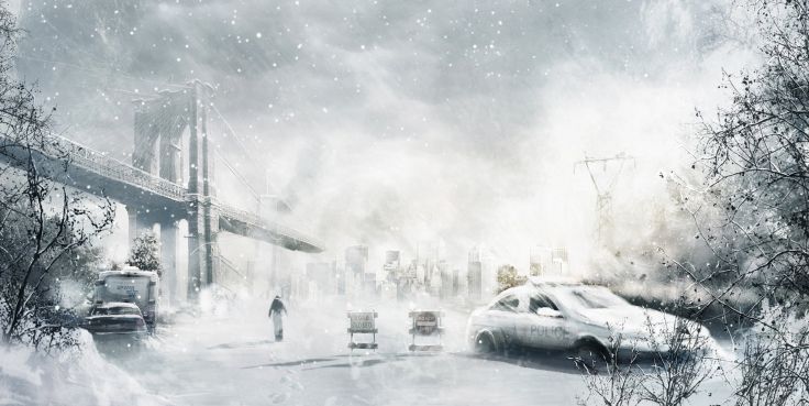 Car City Snow Man Winter Art Police Storm Bridge Wallpaper