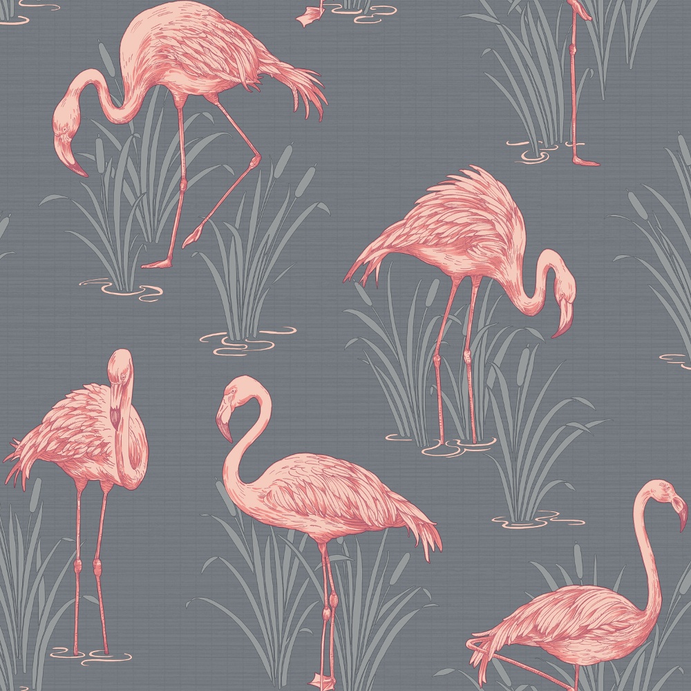 Vintage Lagoon Traditional Oriental Flamingo Textured Wallpaper