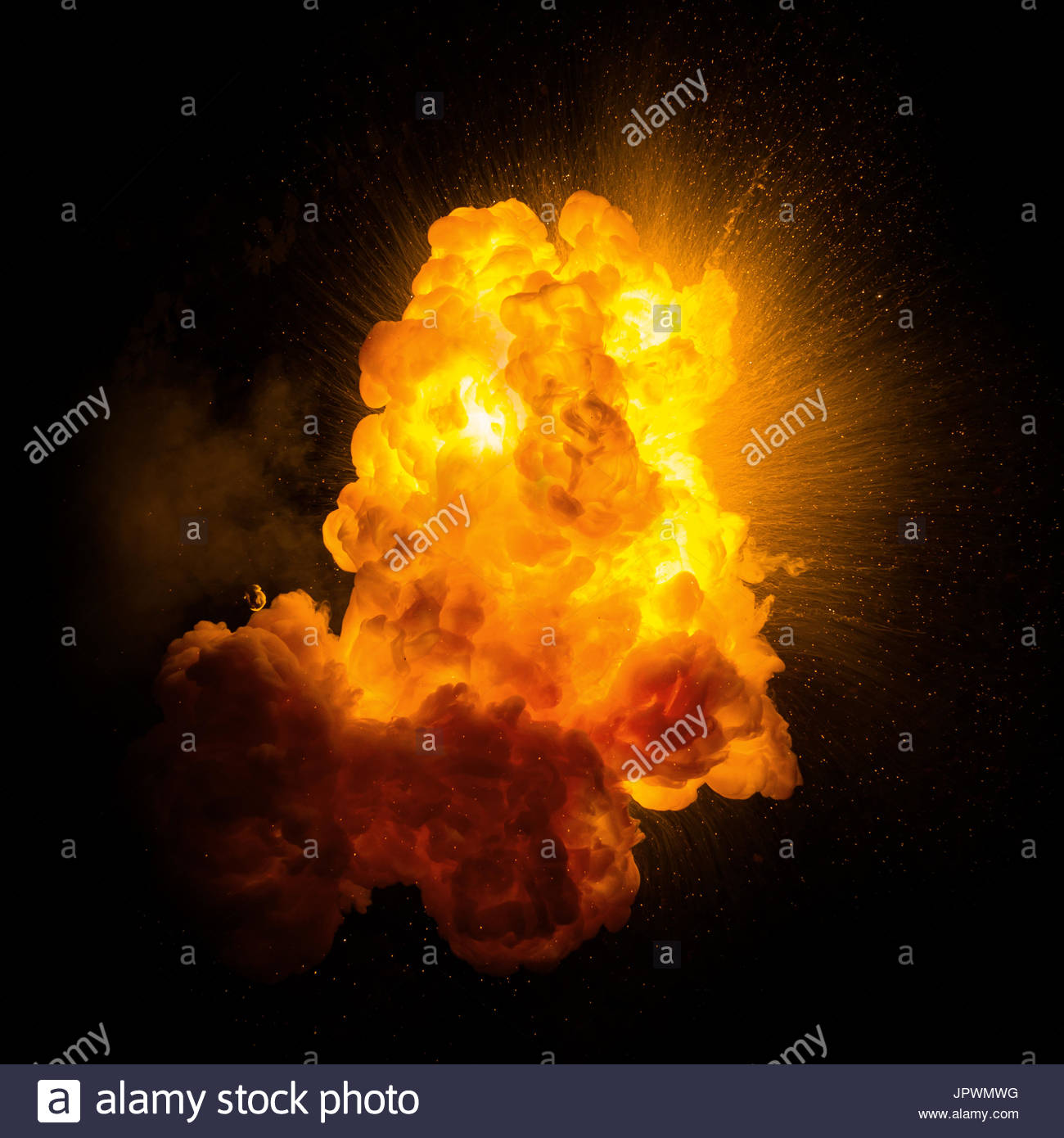 Realistic Fiery Explosion With Sparks Over A Black Background