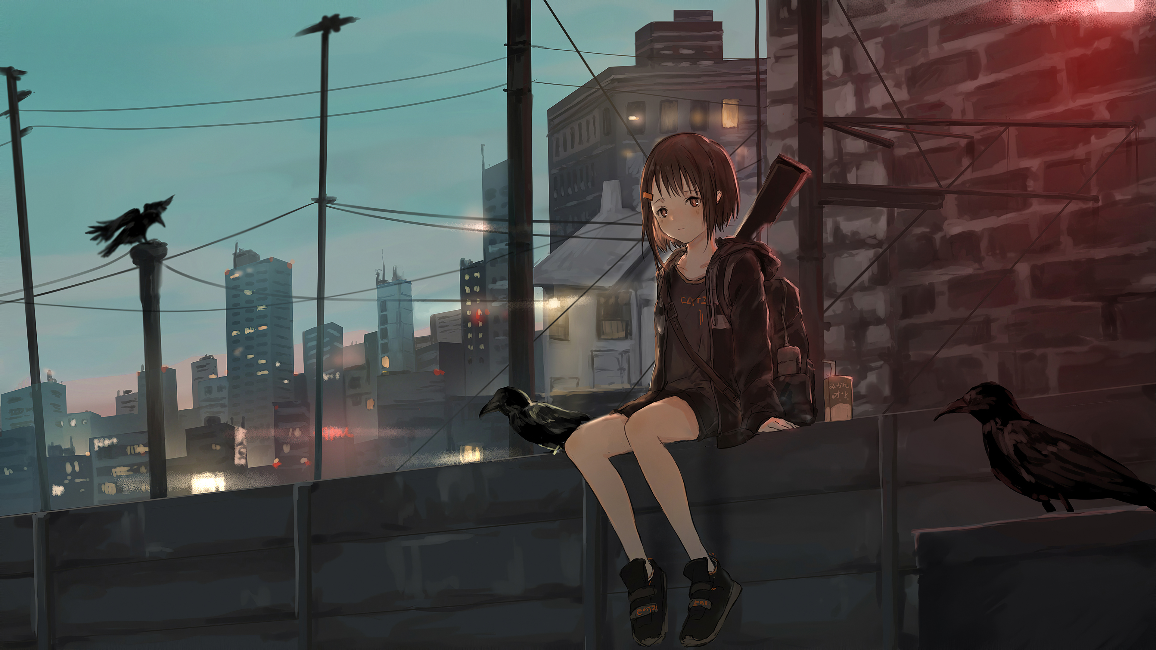 Anime Girl Sitting Alone Roof Sad 4k Wallpaper HD Image