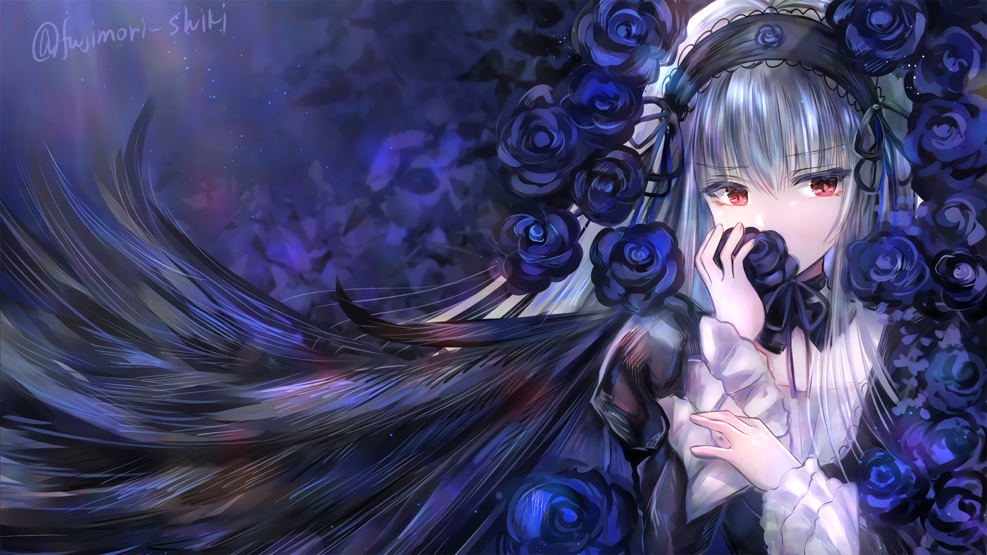 Anime girl with long silver hair, red eyes, and black wings, surrounded by blue roses against a dark blue, starry background