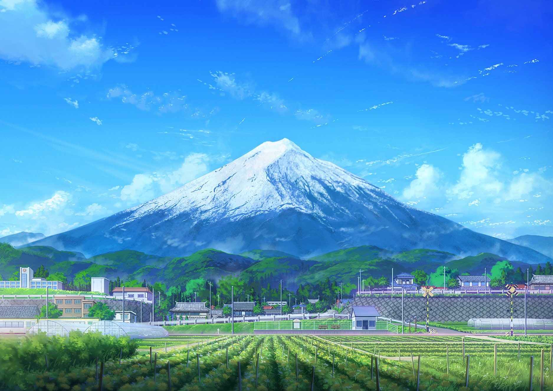 Anime Original Building Cloud Field Mount Fuji Mountain 1875x1325