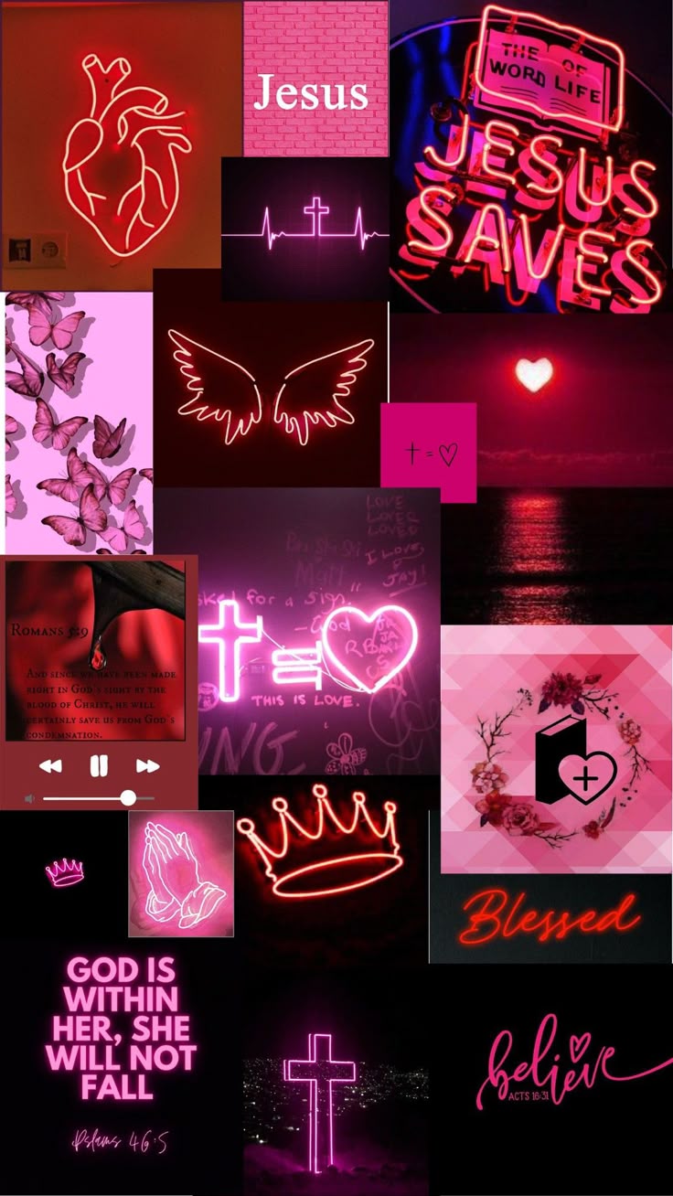 Various Neon Signs Are Shown In This Collage With The Words Jesus Saves Wallpaper