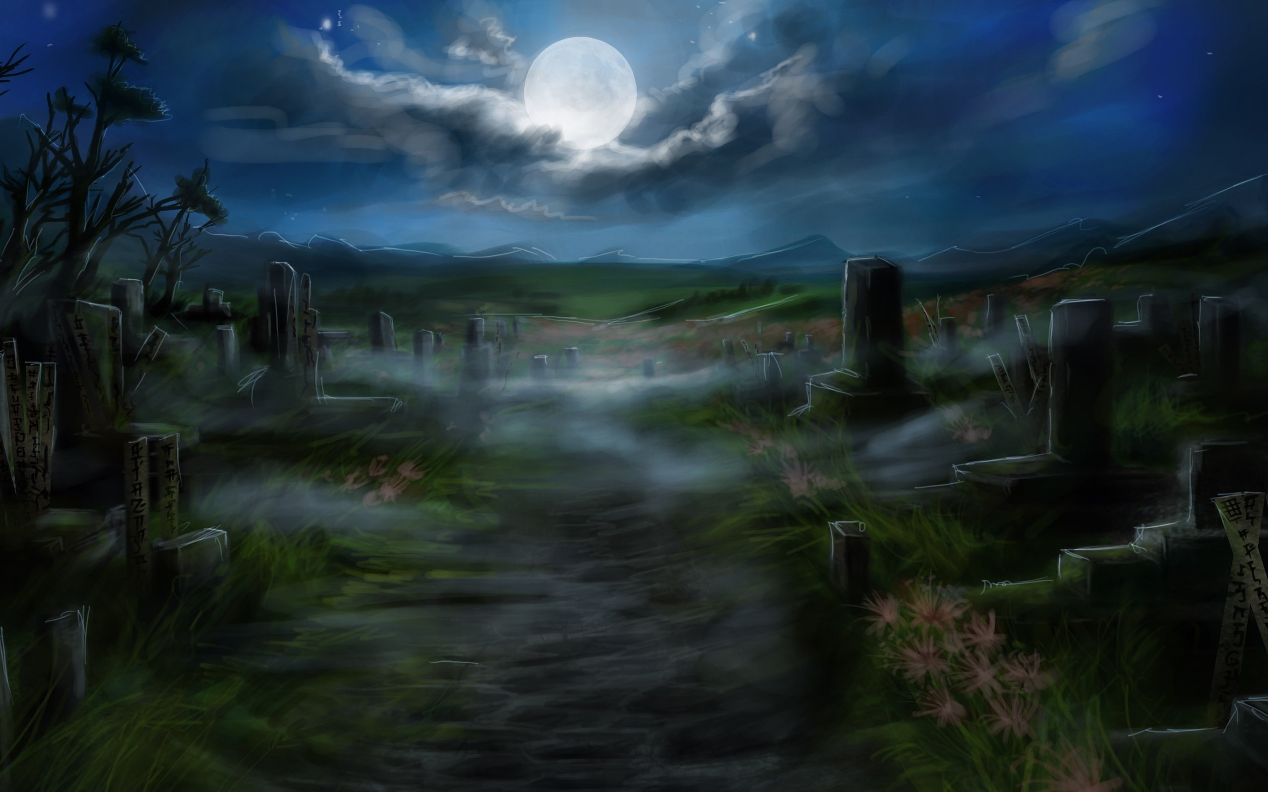 Moon Digital Art Graves Nighttime Cemetery HD Wallpaper