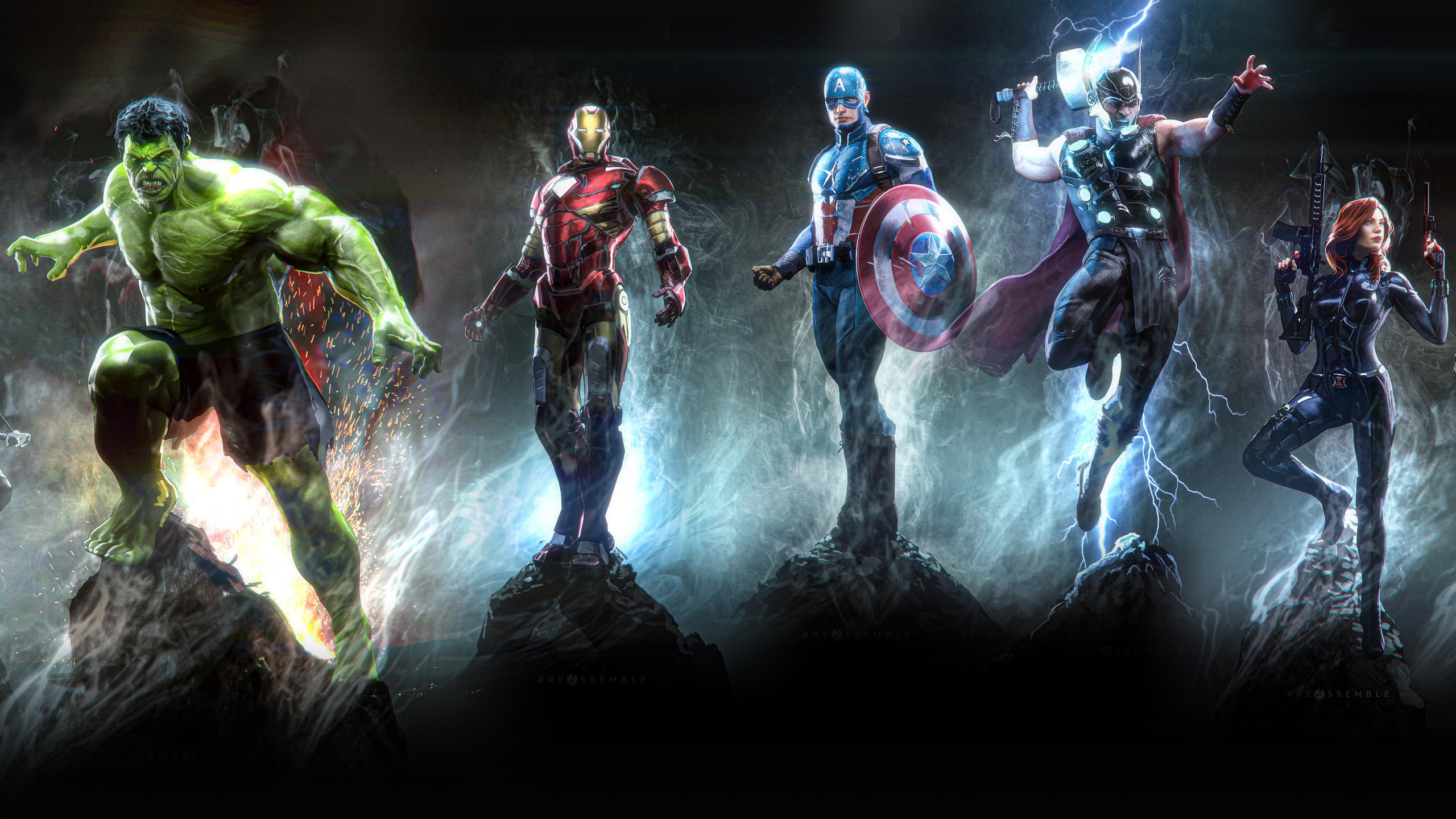 A powerful image of Hulk, Iron Man, Captain America, Thor, and Black Widow from the Marvel Cinematic Universe