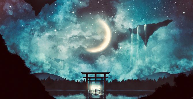 Fantasy Moon Gate Clouds Art Wallpaper HD Image Picture