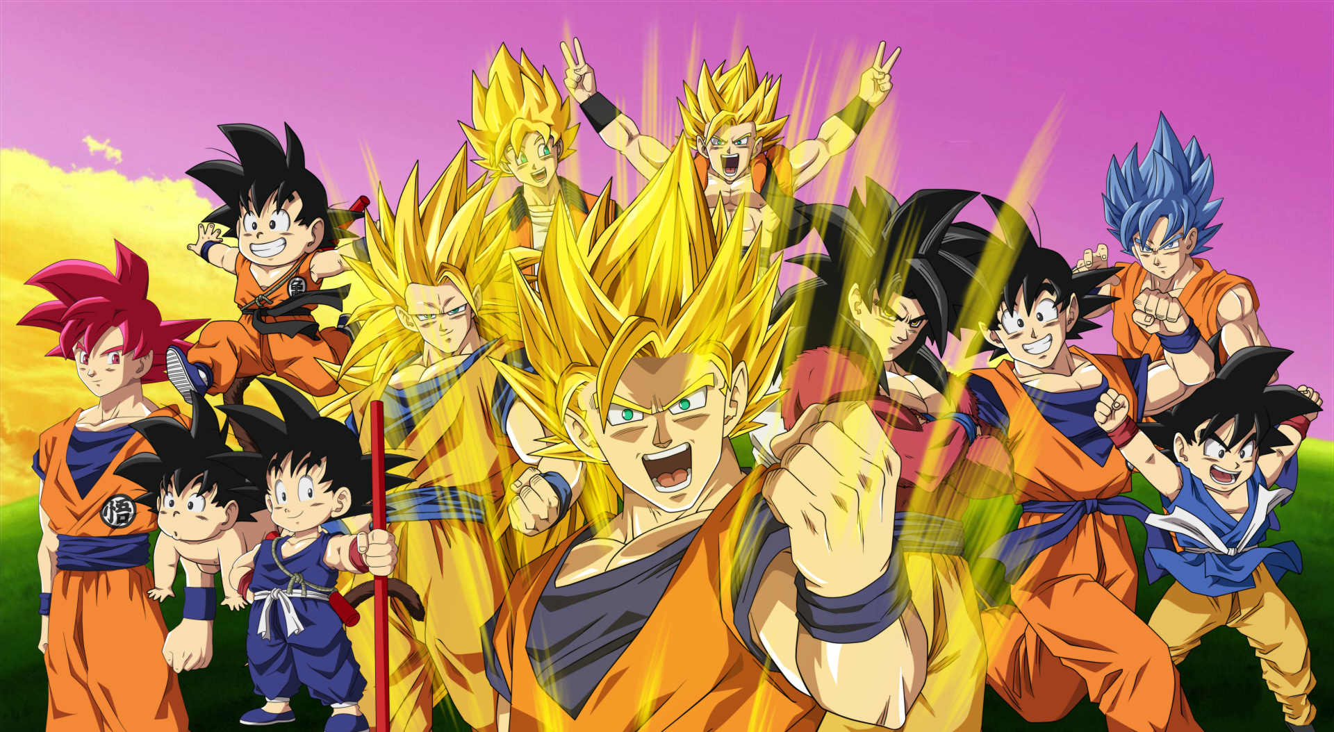 A vibrant illustration of multiple forms of Goku from Dragon Ball Z, including Super Saiyan, Kid Goku, and Goku Black