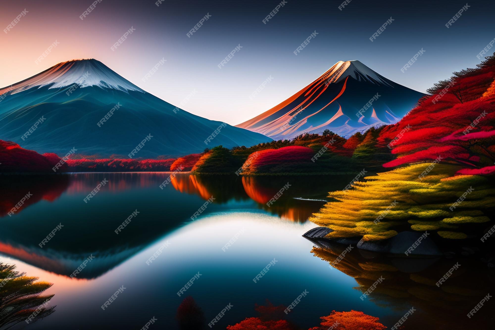 Serene Mount Fuji reflected in a lake at dawn with vibrant autumn foliage