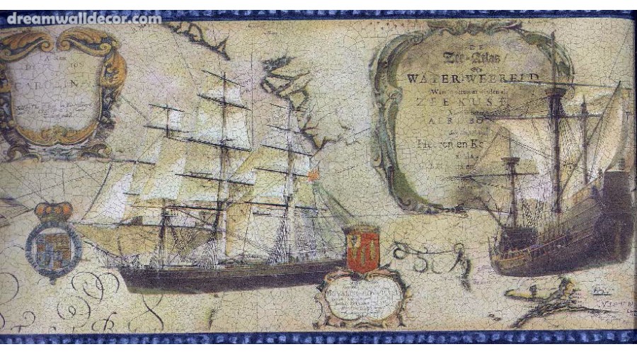 Home Old World Map Ships Blue Trim Nautical Wallpaper Border
