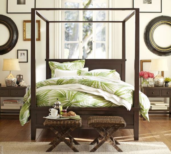 Wallpaper With Palm Frond Patterns And Matching Bedroom Furniture In