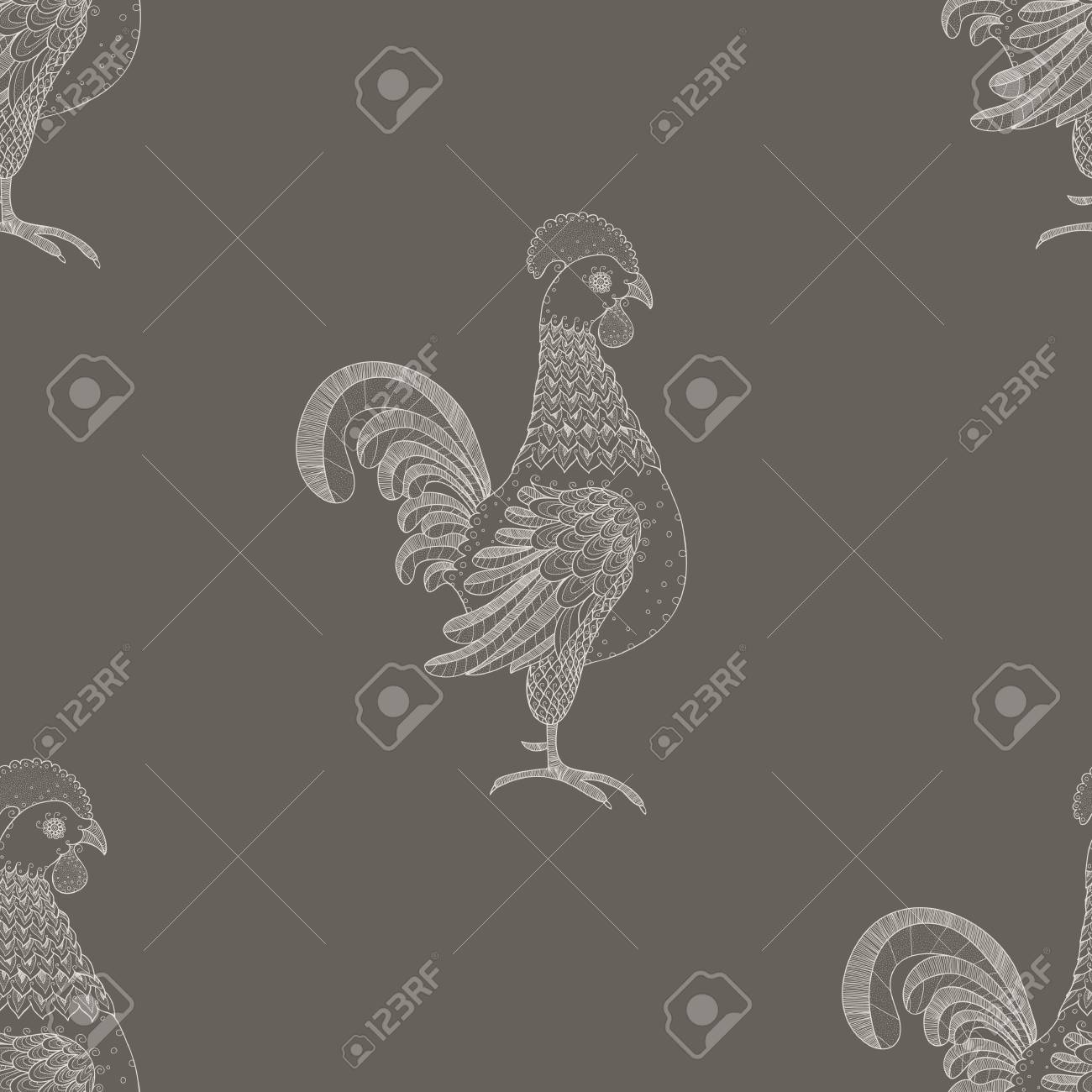 Ornamental Cockerel Background Vector Seamless Pattern Vintage