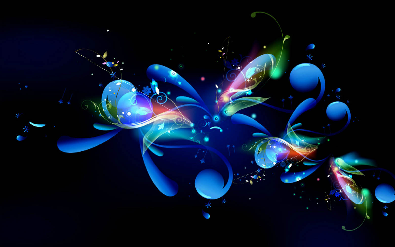 Abstract computer background with swirling blue shapes, colorful accents, and delicate floral motifs on a dark backdrop