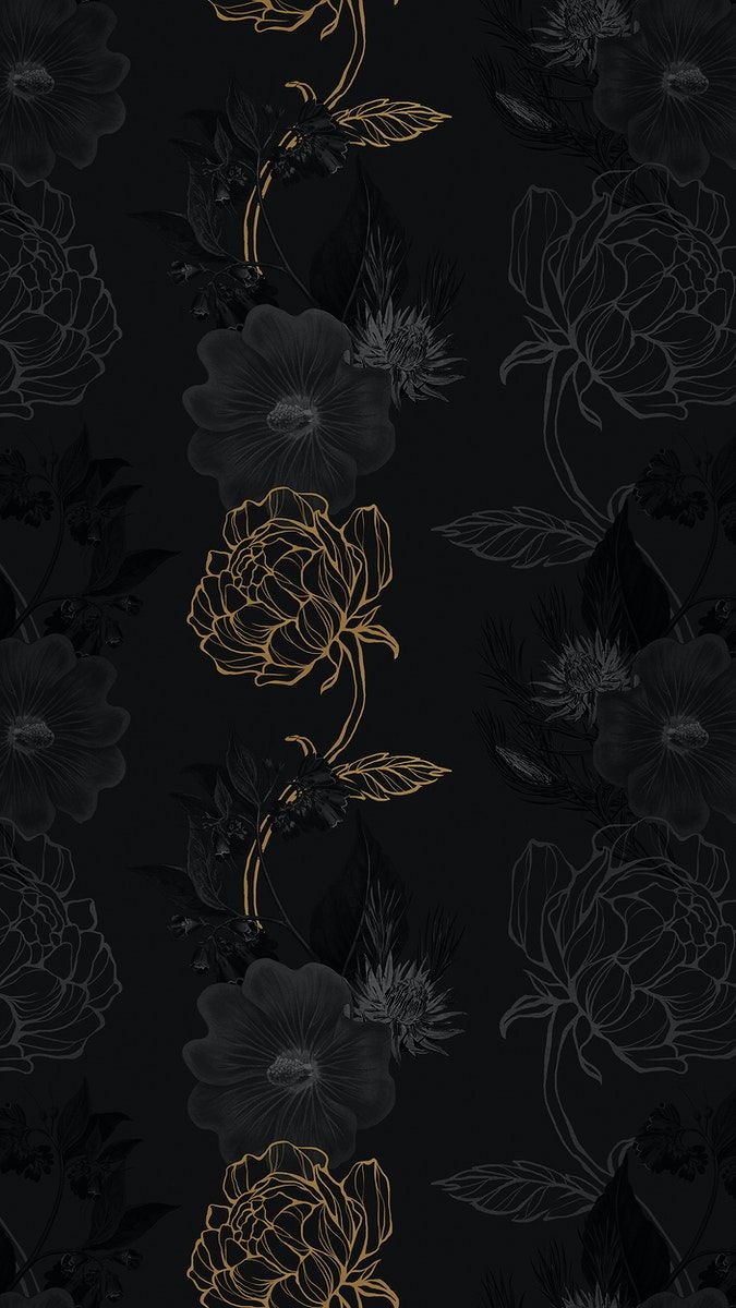 Hand Drawn Black And Gold Flower Pattern On A Dark Background